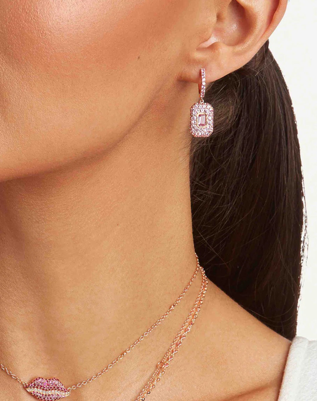 Pink Sapphire Pave Baguette Drop Earrings